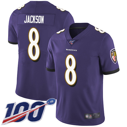 Baltimore Ravens Limited Purple Men Lamar Jackson Home Jersey NFL Football 8 100th Season Vapor Untouchable